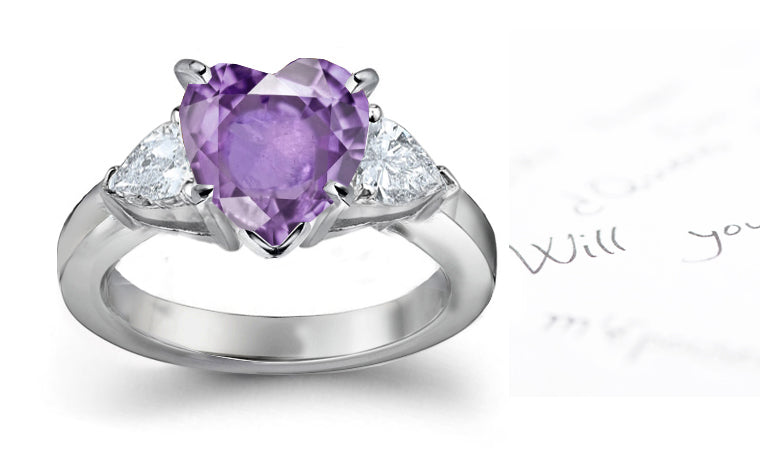 engagement ring three stone with purple heart sapphire center and side pear white diamonds