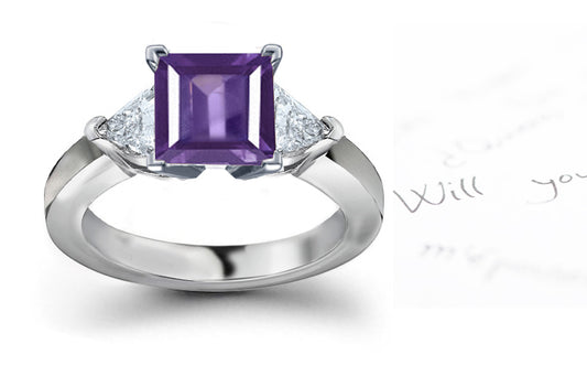 engagement ring three stone with square purple sapphire center and side trillion diamonds