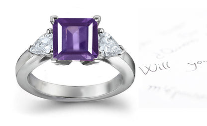 engagement ring three stone with square purple sapphire center and side pear diamonds