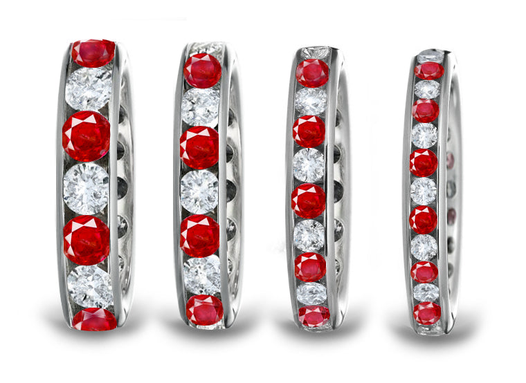 eternity ring channel set with round rubies and diamonds