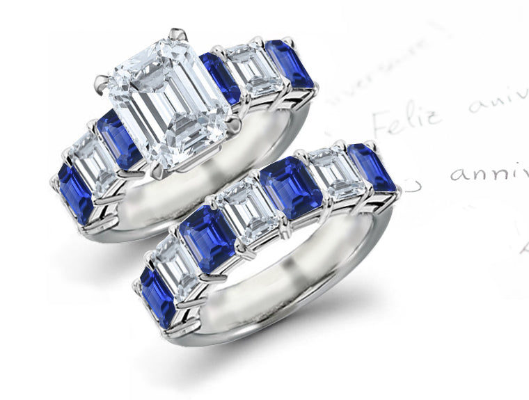 bridal set handcrafted with emerald cut blue sapphires and diamonds