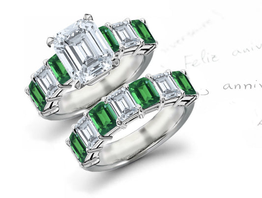 bridal set handcrafted with emerald cut emeralds and diamonds