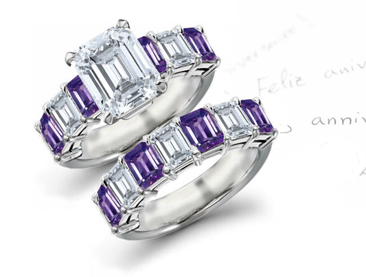 bridal set with emerald cut purple sapphires and diamonds