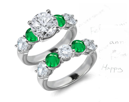 bridal set with round diamonds and emeralds