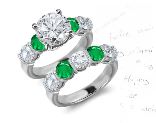bridal set with prong set round diamonds and emeralds
