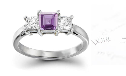 engagement ring three stone with square purple sapphire center and side square diamonds