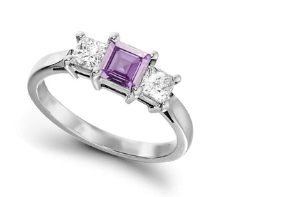 engagement ring three stone with square purple sapphire center and side square diamonds