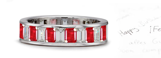 eternity ring handcrafted with alternating emerald cut rubies and diamonds
