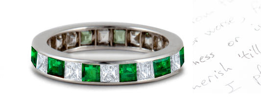 stackable eternity ring with alternating square emeralds and diamonds