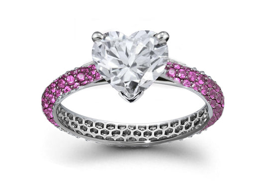bridal set with heart diamond center and accent band with pave set pink sapphires