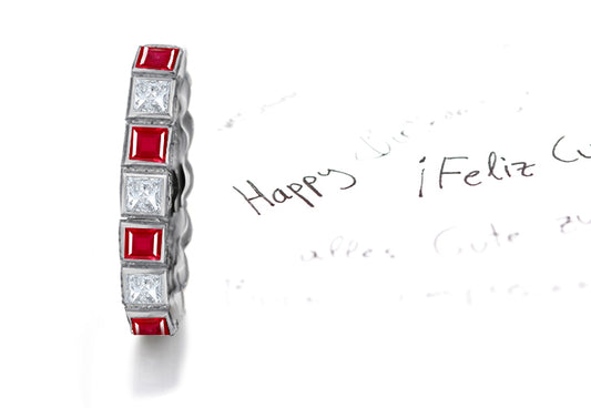 eternity ring bezel set with alternating square rubies and diamonds