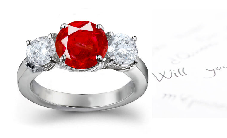engagement ring three stone with round ruby and side round diamonds