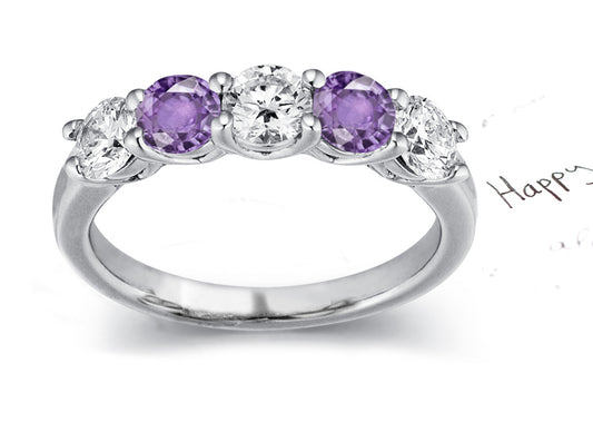 anniversary ring with round purple sapphires and diamonds