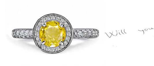 engagement ring handcrafted with round yellow sapphire center and diamond halo/band