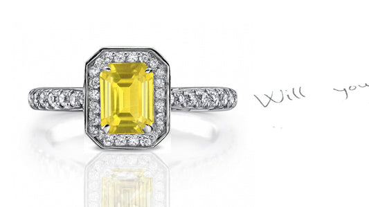 engagement ring handcrafted with emerald cut yellow sapphire center and diamond halo/band