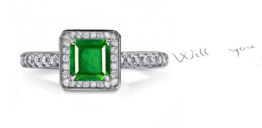 engagement ring handcrafted with square emerald center and diamond halo/band