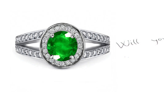 engagement ring handcrafted with round emerald center and diamond halo/band