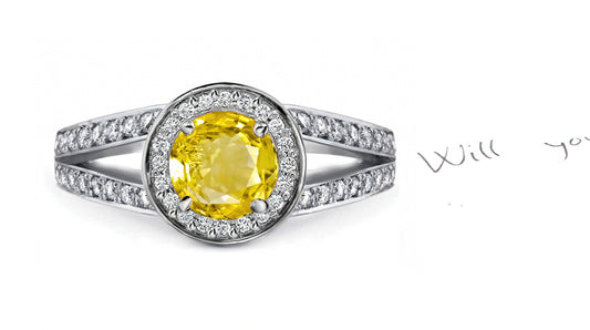 engagement ring handcrafted with round yellow sapphire center and diamond halo/band