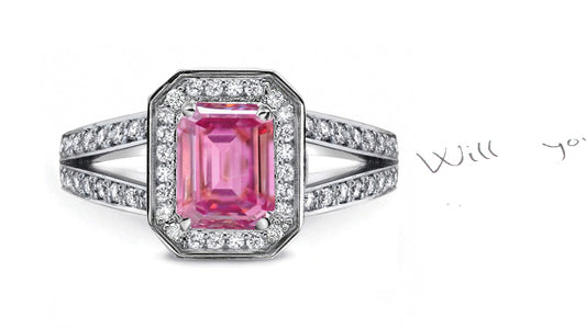 engagement ring handcrafted with emerald cut pink sapphire center and diamond halo/band