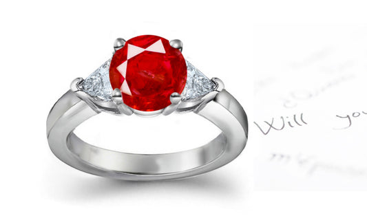 engagement ring three stone with round ruby and side trillion diamonds