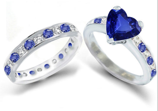 bridal set with heart blue sapphire center and side round blue sapphires and diamonds