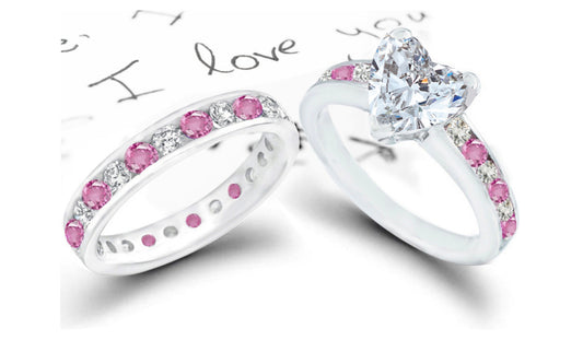 bridal set with heart diamond center and side round pink sapphires and diamonds