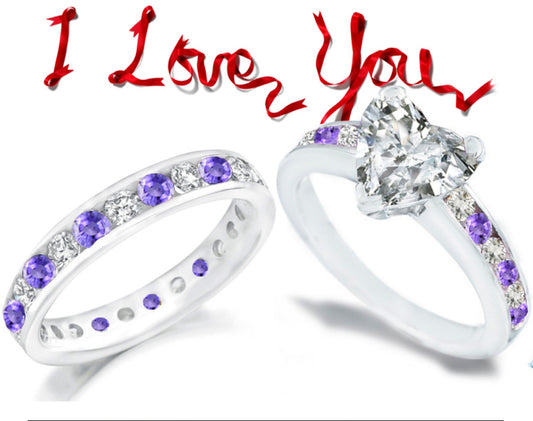 bridal set with heart diamond center and side purple round sapphires and diamonds