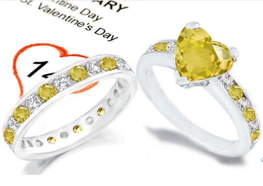 bridal set with heart yellow sapphire center and side round yellow sapphires and diamonds