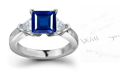 engagement ring three stone with square blue sapphire and side trillion diamonds