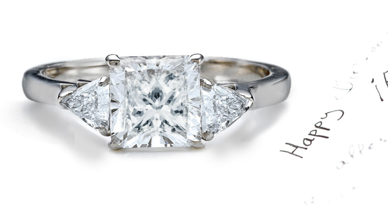 engagement ring three stone with asscher cut diamond and side trillion diamonds