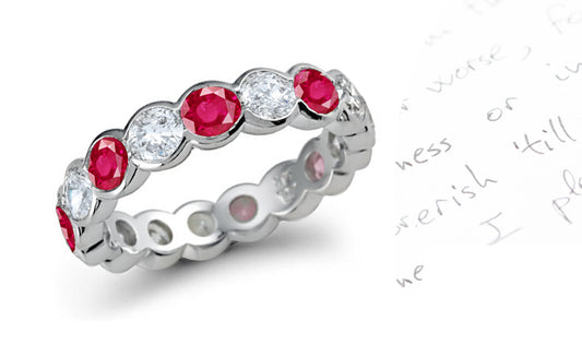 eternity ring handcrafted with alternating bezel set round diamonds and rubies