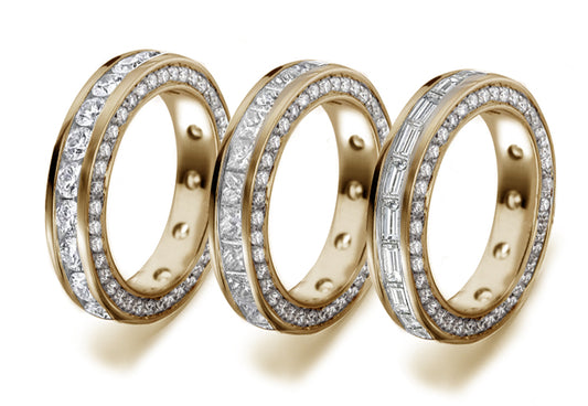 stackable eternity ring channel set with princess cut and round rubies and diamonds