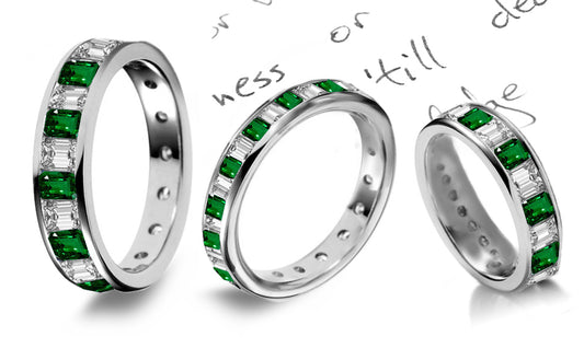 stackable eternity ring channel set with emerald cut emeralds and diamonds