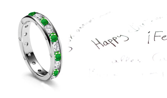 stackable eternity ring channel set with round emeralds and diamonds