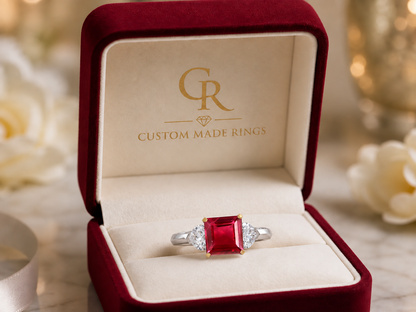 10 custom made unique square ruby center stone with heart diamond accents three stone engagement ring