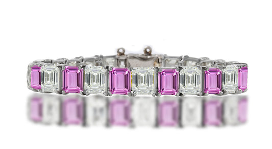 1 custom unique alternating emerald cut pink sapphire and diamond tennis bracelet