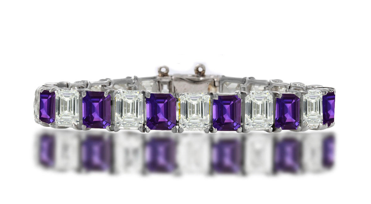 1 custom unique alternating emerald cut purple sapphire and diamond tennis bracelet