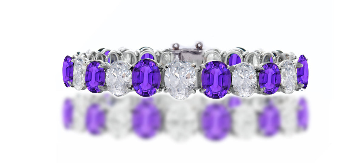 10 custom unique alternating oval purple sapphire and diamond tennis bracelet