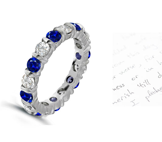 101 custom made unique stackable alternating round blue sapphire and diamond bar seteternity ring
