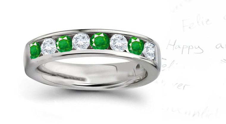 anniversary ring with alternating 8 round emeralds and diamonds