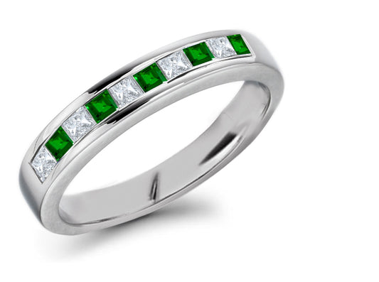 anniversary ring with alternating 10 square emeralds and diamonds