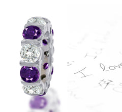 108 custom made unique stackable alternating round cut purple sapphire and diamond bar set eternity ring