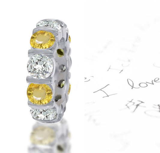 108 custom made unique stackable alternating round cut yellow sapphire and diamond bar set eternity ring