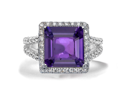 11 custom made purple sapphire and diamond vintage halo engagement rings