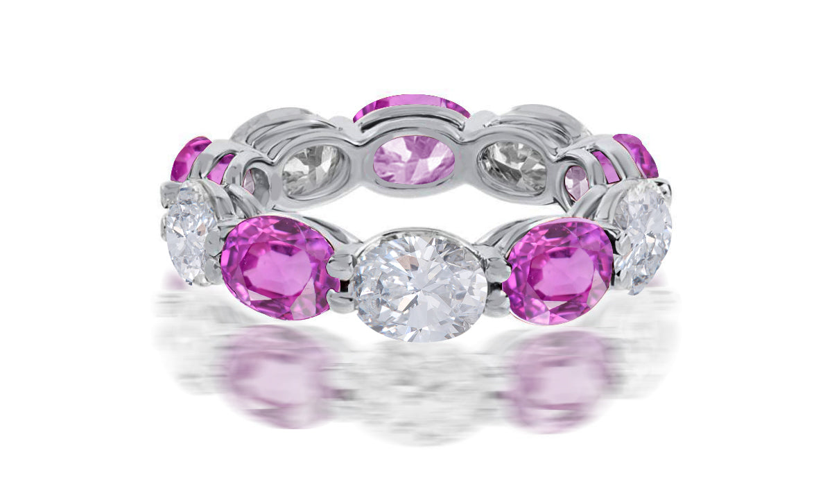 111 custom made unique stackable alternating oval cut pink sapphire diamond prong set eternity ring