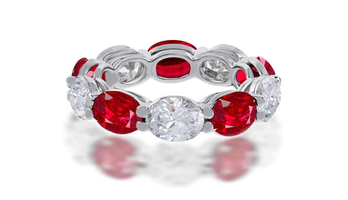 111 custom made unique stackable alternating oval cut ruby diamond prong set eternity ring