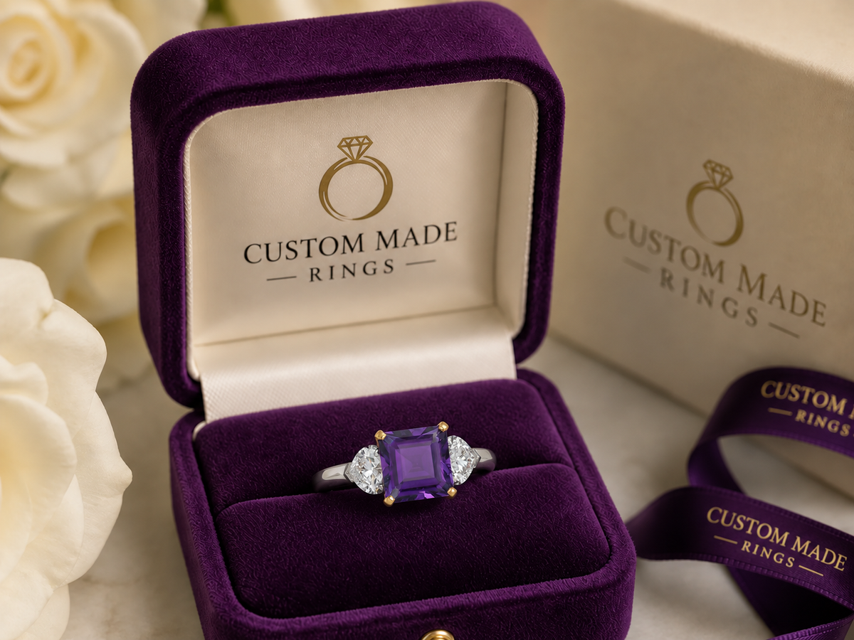 10 custom made unique square purple sapphire center stone with heart diamond accents three stone engagement ring