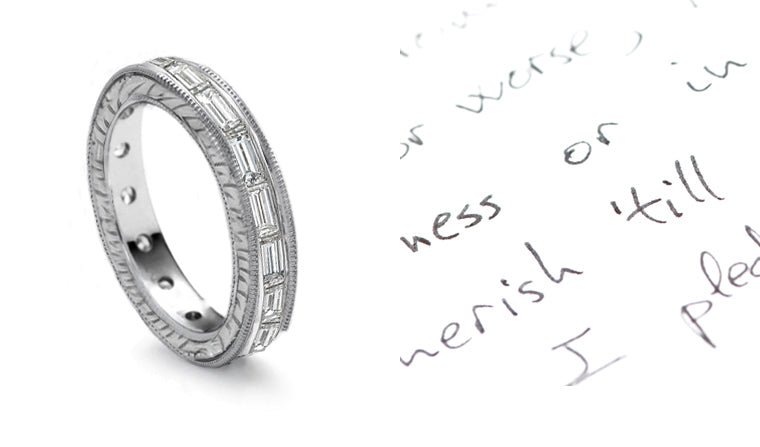 stackable eternity band with baguette cut diamonds and engraved band