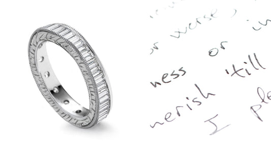 stackable eternity ring with baguette cut diamonds and side engraved band