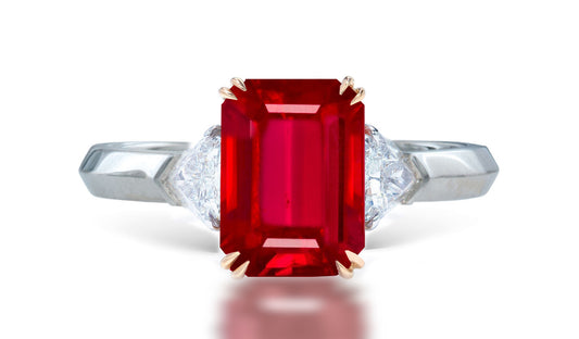 12 custom made unique emerald cut ruby center stone with trillion diamond accents three stone engagement ring